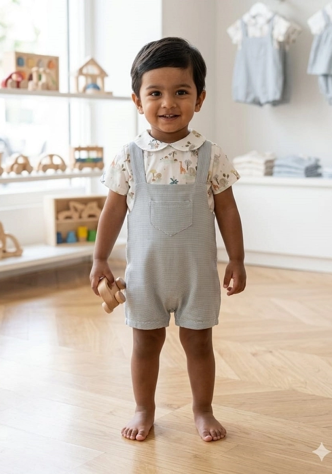 Conjunto de niño con peto con jirafas en color azul.