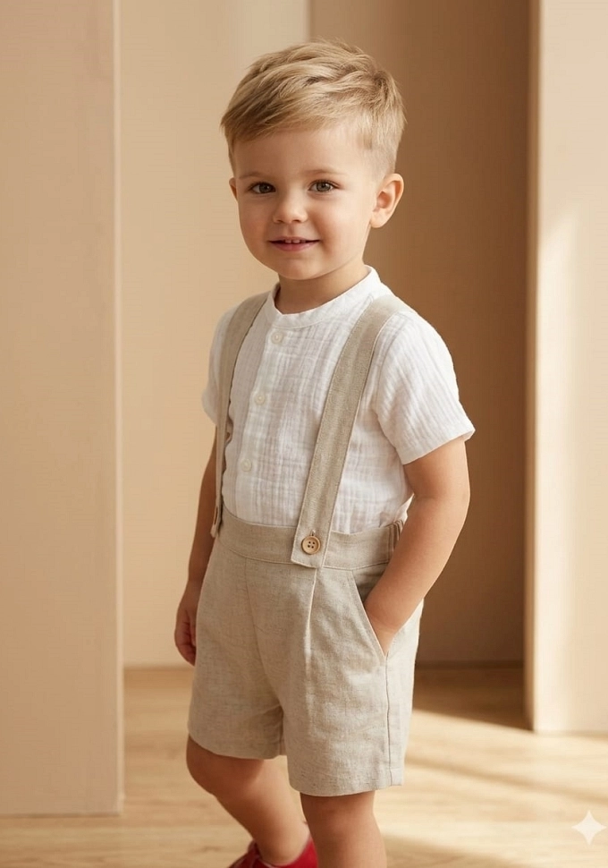 Conjunto de niño con tirantes en color crudo.