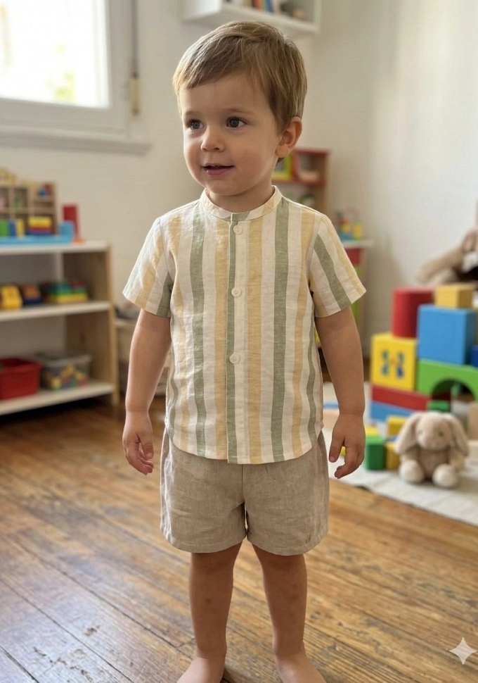 Conjunto de niño de dos piezas con rayas en color verde.