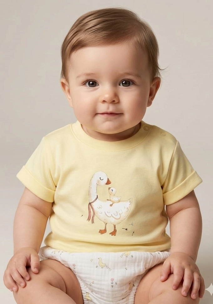 Conjunto de niño en color amarillo con un cisne.