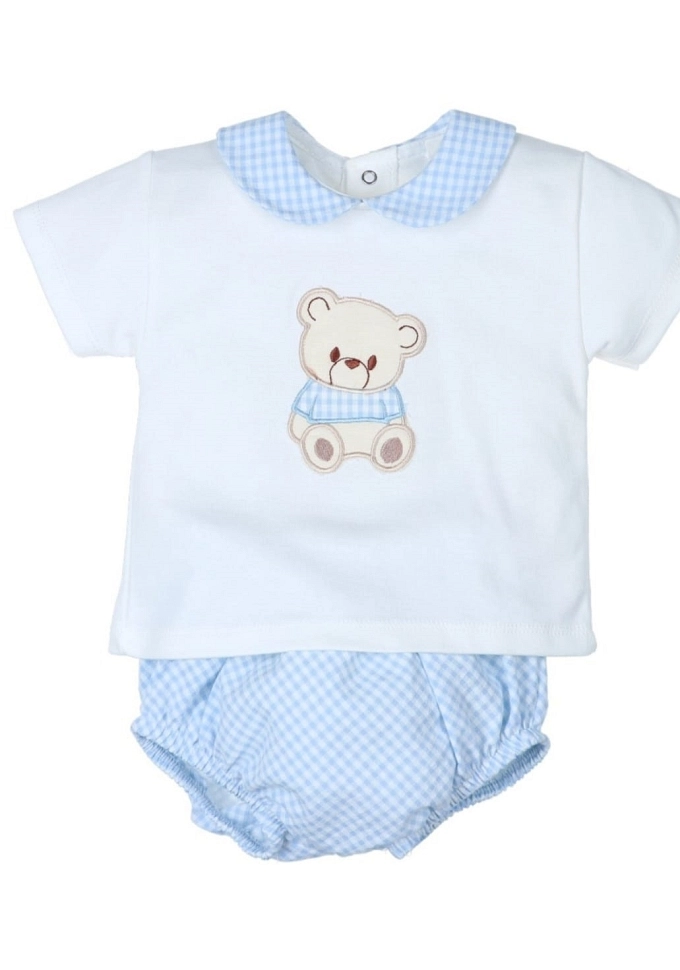 Conjunto de niño en color azul con un osito.