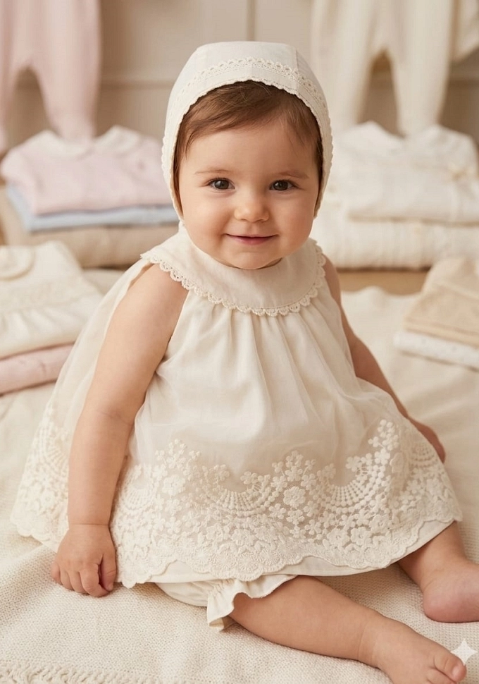 Jesusito  con tul bordado en color crudo.