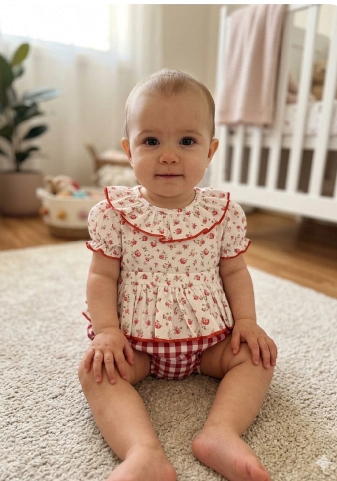 Jesusito de niña con florecitas en color rojo.