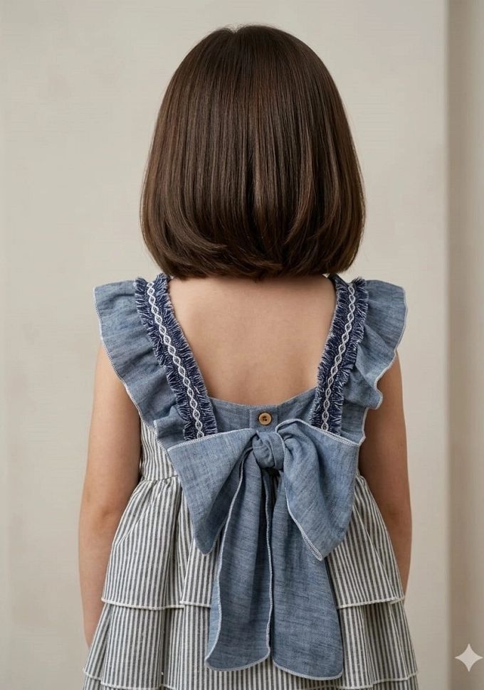 Vestido infantil con volantes en color azul.Basmarti.